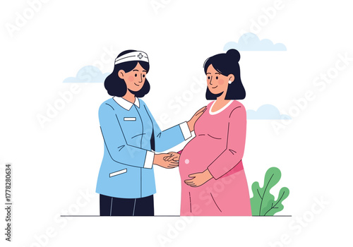 Doctor comforts pregnant woman in pink dress outside. Ideal for healthcare, maternity clinic, counseling, pregnancy support, and medical concepts.