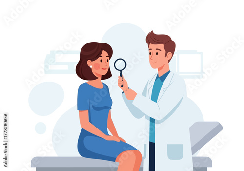 Doctor examining womans face with magnifying glass in a medical setting. Suitable for healthcare and dermatologyrelated content.