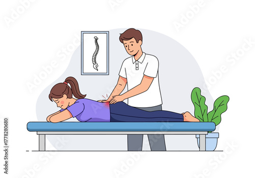 Doctor giving a woman back treatment on a massage table indoors. Suitable for healthcare, physiotherapy, chiropractic, wellness, medical concepts.