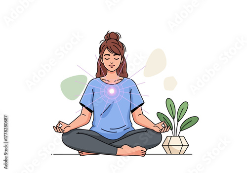 Woman meditates near a glowing houseplant emanating spiritual energy and peace. Ideal for yoga, mindfulness, wellness, serenity concepts, and inspirational content.