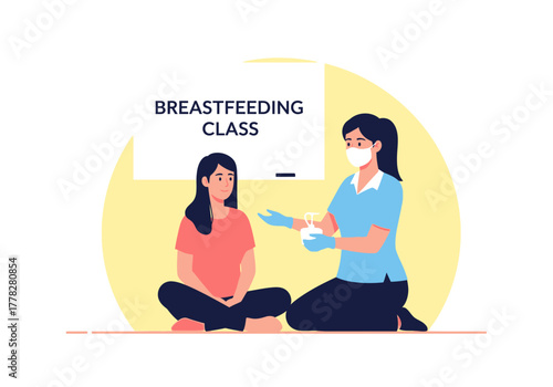Person teaches breastfeeding in class. Ideal for maternal health, prenatal education, parent training, lactation consulting, and childbirth publications.
