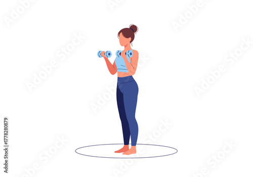 Woman in leggings does bicep curls with dumbbells on a white surface. Fitness routines, gym motivation, workout guides, health blogs.