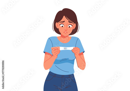 Woman is anxiously looking at a positive pregnancy test result. Suitable for pregnancy, motherhood, healthcare, fertility, and familyrelated concepts.
