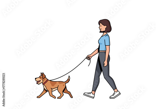 Woman walking her dog on a leash outside, showcasing daily life, pet care, outdoor activities, dog ownership, and leisurely walks.