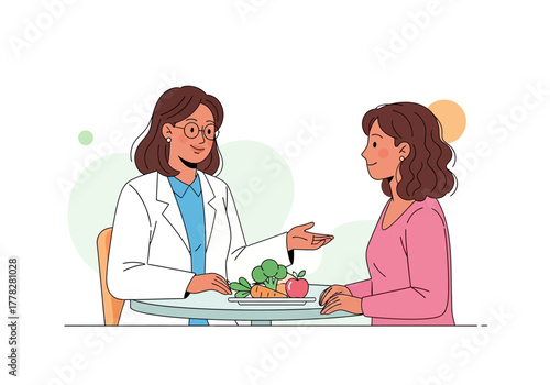 Nutritionist providing guidance on healthy eating habits to a patient. Ideal for healthcare websites, wellness blogs, dieting articles.