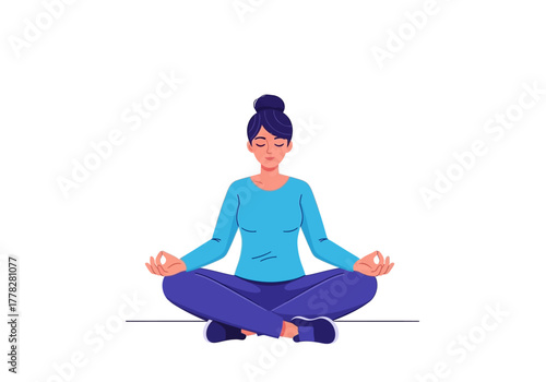 Woman meditating in yoga lotus pose, serene and calm. Suitable for wellness, mindfulness, meditation, yoga, and relaxationthemed designs.