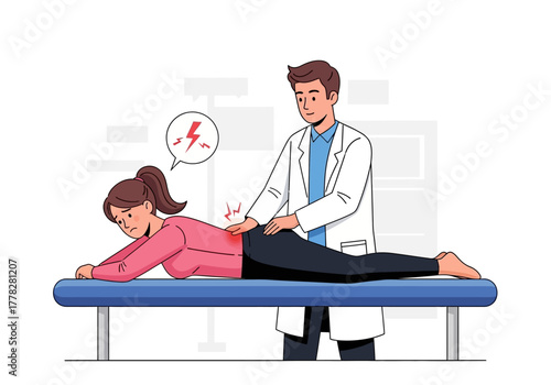 Doctor examining womans back pain on a blue medical table. Medical professionals, healthcare websites, chiropractic clinics, back pain treatment.