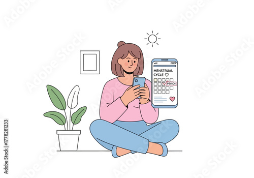 Woman tracks her menstrual cycle on smartphone indoors. Suitable for health, technology, fertility, and womens health concept projects.