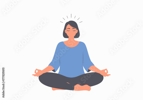 Woman meditating in a lotus position, radiating peace and calm. Suitable for wellness, meditation, mindfulness, relaxationthemed designs, and content.