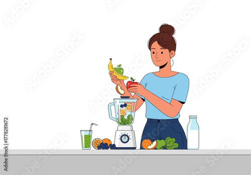 Woman blending fruit into a smoothie at home with a modern blender. Suitable for health and lifestyle blogs or social media posts.