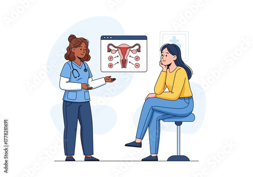 Medical consultation with a doctor explaining a female reproductive system to a patient. Suitable for health education materials and medical presentations.
