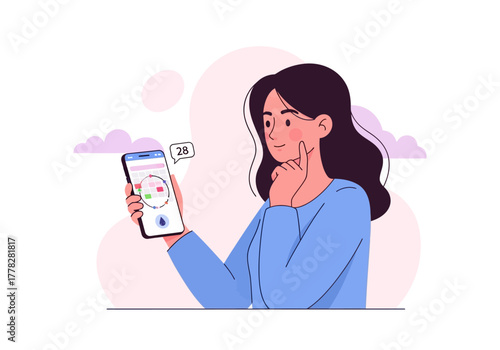 Woman looking at period tracking app on phone. Suitable for health and technology concepts in social media posts or articles.