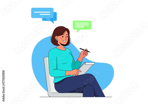 Woman drawing on tablet with speech bubbles, suitable for graphic design, social media, technology concepts, and online communication themes.
