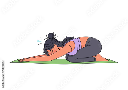 Woman in childs pose on yoga mat. Suitable for fitness, wellness, relaxation, yoga concept designs, or healthrelated content.