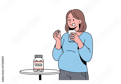 Pregnant woman takes a prenatal vitamin with a glass of water. Suitable for healthcare publications, prenatal supplements advertising, and medical blogs.