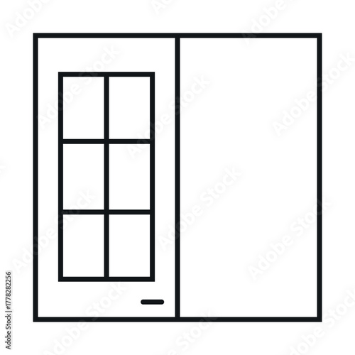 Kitchen furniture linear icon depicting simple cabinet design for modern home interior in clean vector style.
