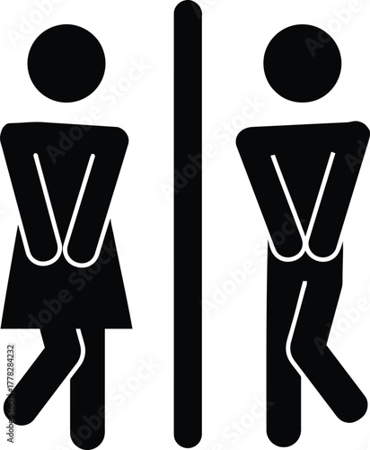 Humorous restroom break signs with male and female icons needing relief, ideal for wayfinding signage in public spaces and businesses needing clear directions