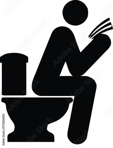 Humorous restroom reading with book icon in black and white for creative designs or website elements, a funny symbol of relaxation and leisure