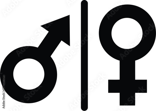 Simple black gender symbols of man and woman separated, representing equality, diversity, inclusivity, and gender identity in a modern, minimalist way