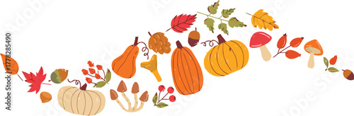 Vibrant autumn harvest arrangement with pumpkins, gourds, mushrooms, and leaves for fall season designs and festive decorations