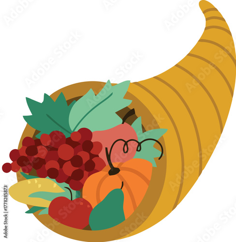 Abundant harvest cornucopia overflowing with colorful autumn fruits vegetables and leaves symbolizing prosperity and gratitude