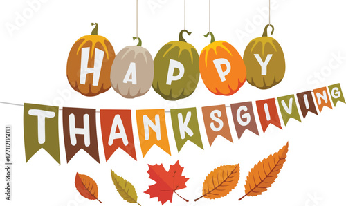 Celebrate festive Thanksgiving with charming pumpkins, colorful banners, and autumn leaves, perfect for seasonal greetings and decor