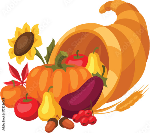 Abundant cornucopia overflows with vibrant autumn harvest fruits vegetables and sunflower celebrating bounty and gratitude