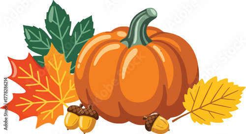 Vibrant pumpkin with colorful autumn leaves and acorns evokes cozy harvest season celebrations and seasonal decor