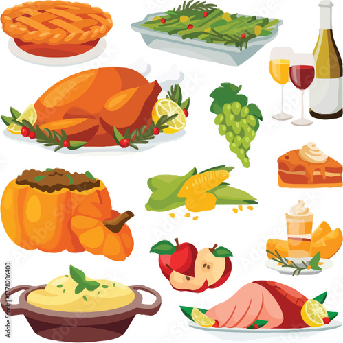 Festive Thanksgiving feast with roasted turkey, pumpkin, corn, ham, pie, apples, grapes, and wine creates a warm, inviting holiday atmosphere