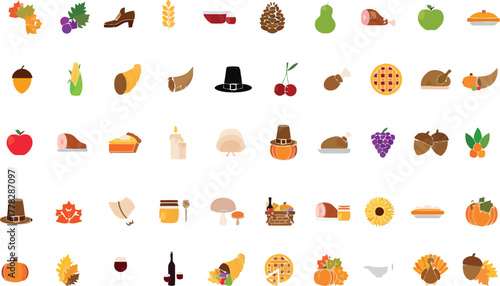 Festive Thanksgiving icons celebrating autumn harvest, perfect for cards, invitations, menus, and cheerful designs with classic dinner elements