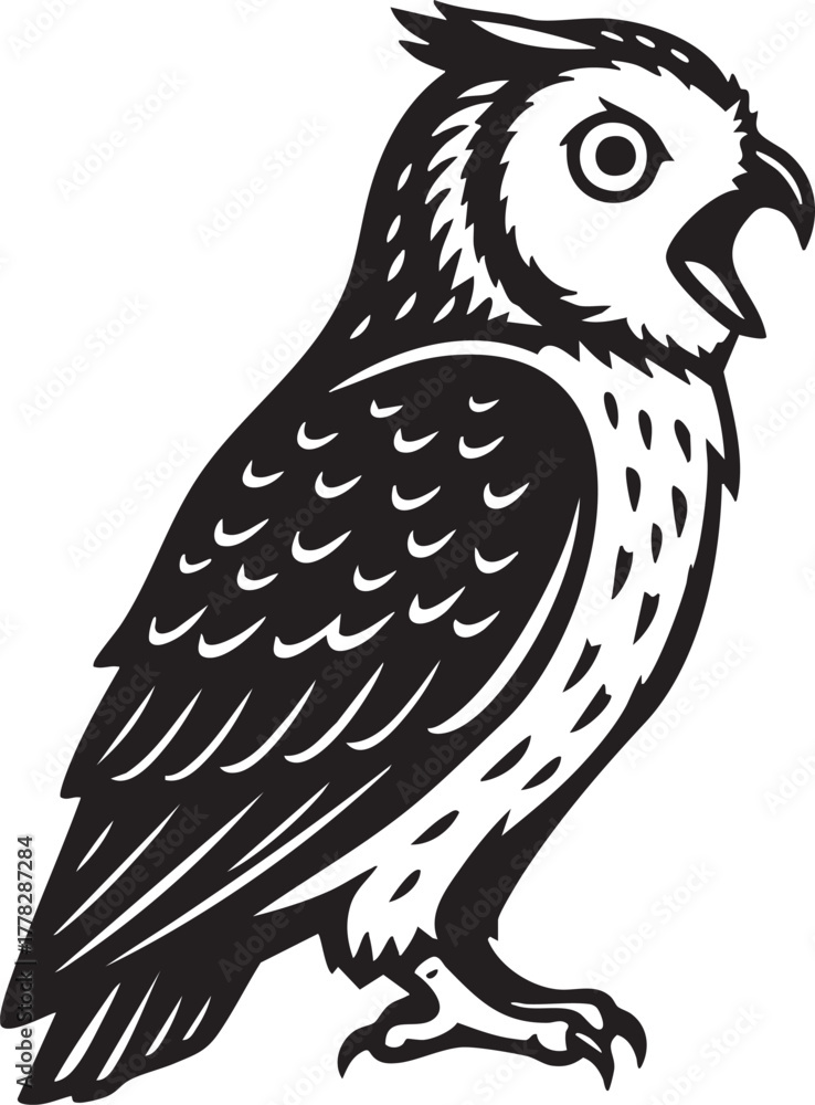 Fototapeta premium Simple owl line art with open beak, wildlife bird graphic design