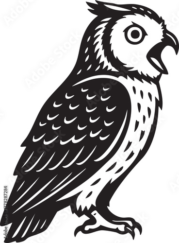 Simple owl line art with open beak, wildlife bird graphic design