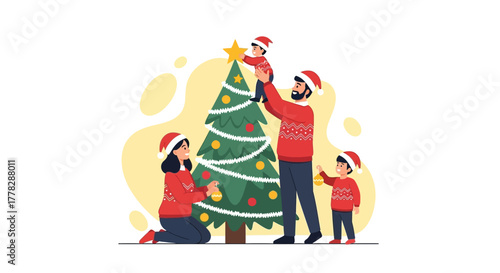 Joyful Moment: Little Kid Placing Star on Xmas Tree