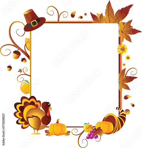 Charming Thanksgiving border design featuring a playful turkey, pumpkins, bountiful cornucopia, and festive autumn foliage for seasonal celebrations
