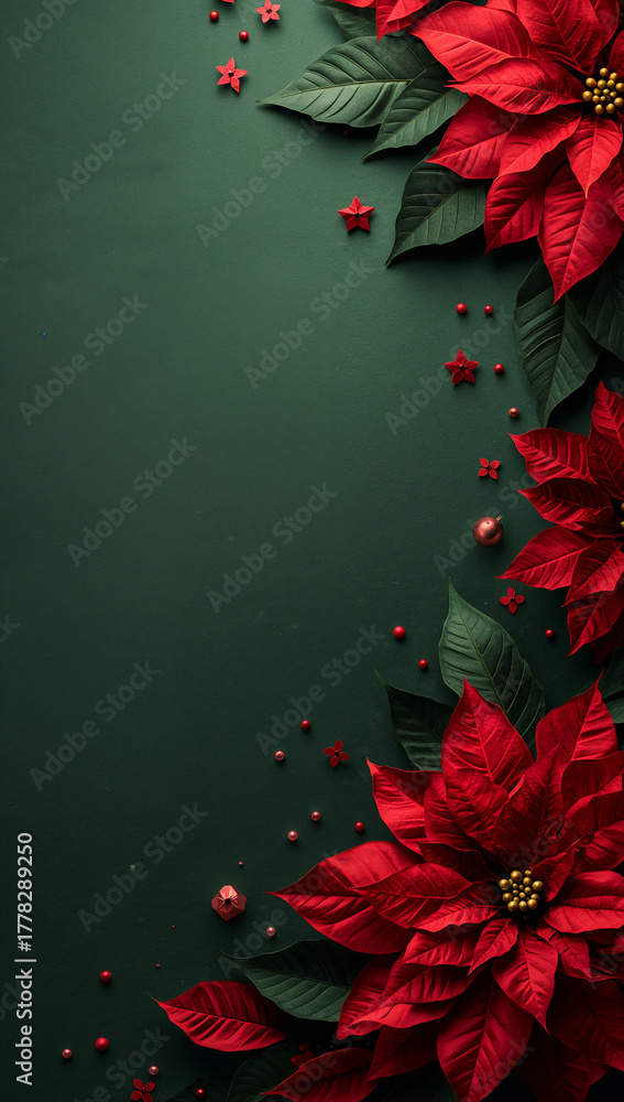 Obraz premium 緑の濃淡を薄く振り赤の面積配分を整えることで華やぎと落ち着きの均衡を図った実用寄りのクリスマス背景. 生成AI