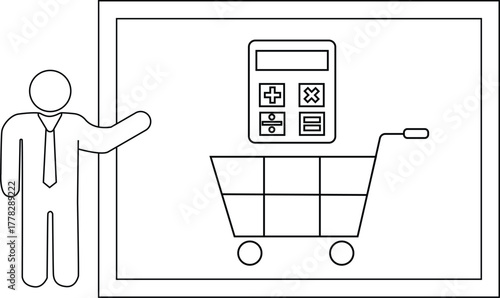 Stick figure presenting a shopping cart under a calculator within a framed display