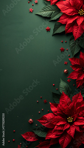 緑の濃淡を薄く振り赤の面積配分を整えることで華やぎと落ち着きの均衡を図った実用寄りのクリスマス背景. 生成AI