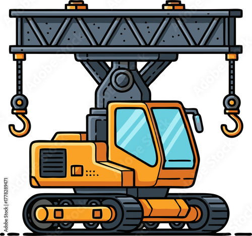 Heavy-duty yellow crawler crane with a large overhead beam and hooks.