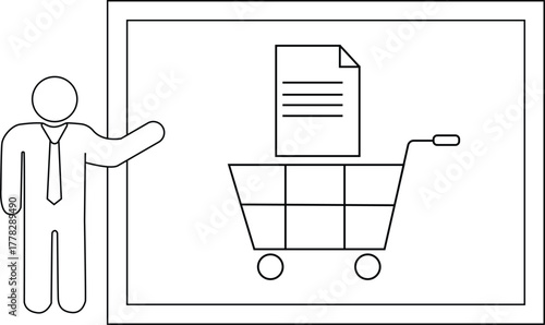 Stick figure presents shopping cart icon with document