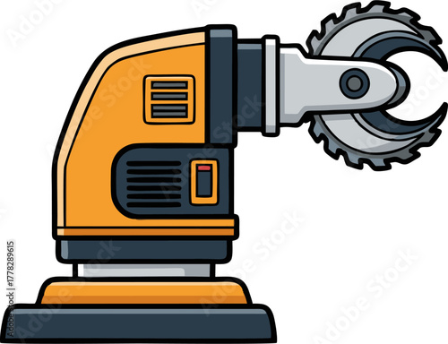 Powerful orange and black industrial cutting tool with sharp circular blade.