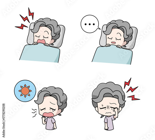 睡眠時無呼吸症候群の症状のイラストセット・高齢女性