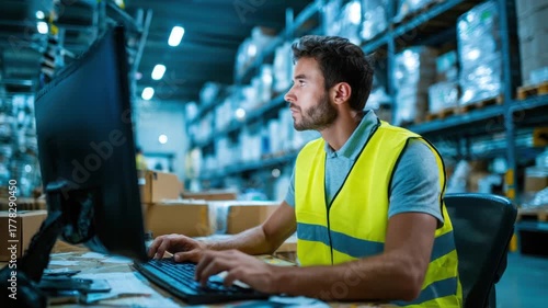 Warehouse worker using a computer in a large distribution center