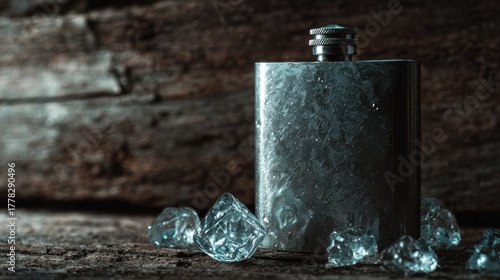 Chilling drink flask with ice cubes rustic wood background still life photography natural light artistic perspective