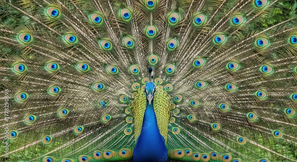 Obraz premium Close-up of a peacock displaying its full fanned tail feathers. Symmetrical portrait of a peacock's iridescent plumage. Detailed macro shot of peacock tail patterns and eyes.