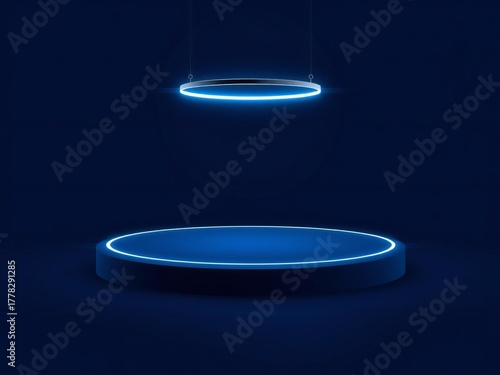 Futuristic glowing blue podiums floating in dark space