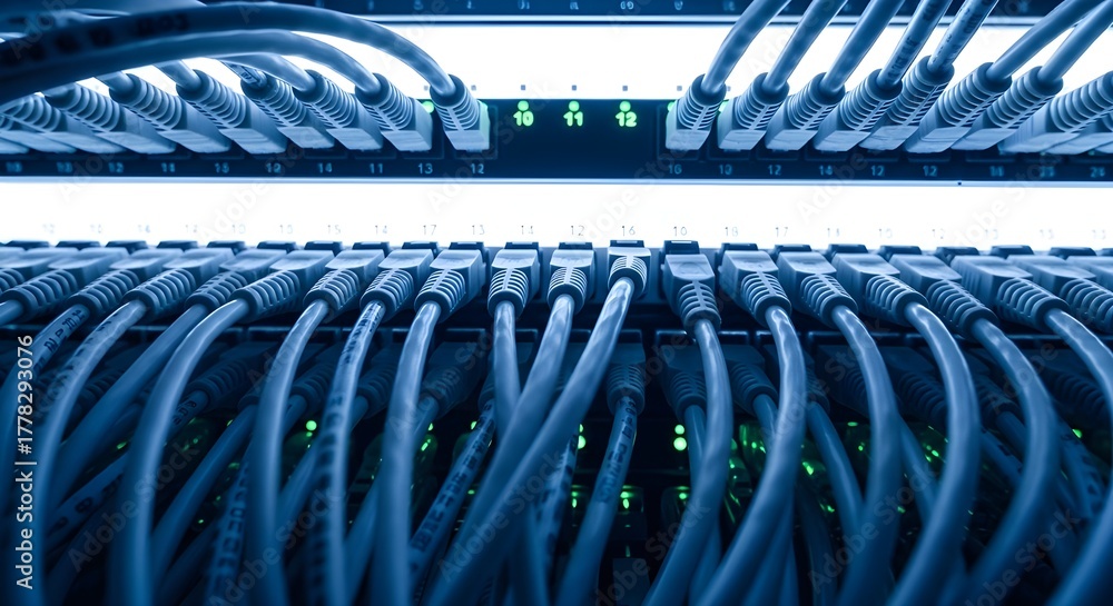 Fototapeta premium The backbone of digital connectivity, a network switch with numerous blue patch cords plugged into a server rack panel