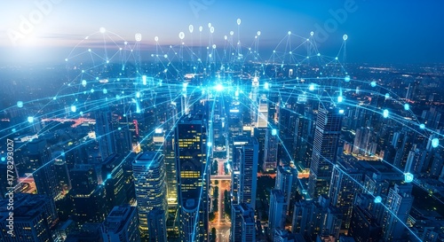 Futuristic cityscape with interconnected network, symbolizing digital transformation and technological advancement in urban areas