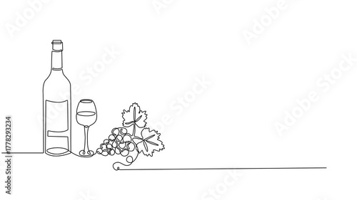 Self-drawing of a bottle of wine and a groan of grapes in one line on a white screen. Stock cartoon video with alcohol in 4k with alpha channel. Whiteboard presentation about winemaking in color.