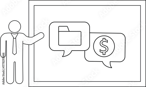 A figure presents a board with folder and dollar sign speech bubbles in a framed presentation