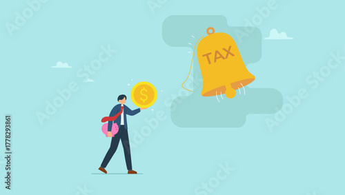 Businessman with piggy bank walk towards shaking bell with engraved word TAX to notify. Individual income tax payment notification, revenue calculation for withholding tax, reminder from government.